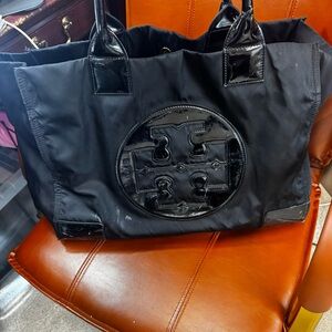 Tory Burch Ella Black  Nylon & Patent Leather Tote Bag